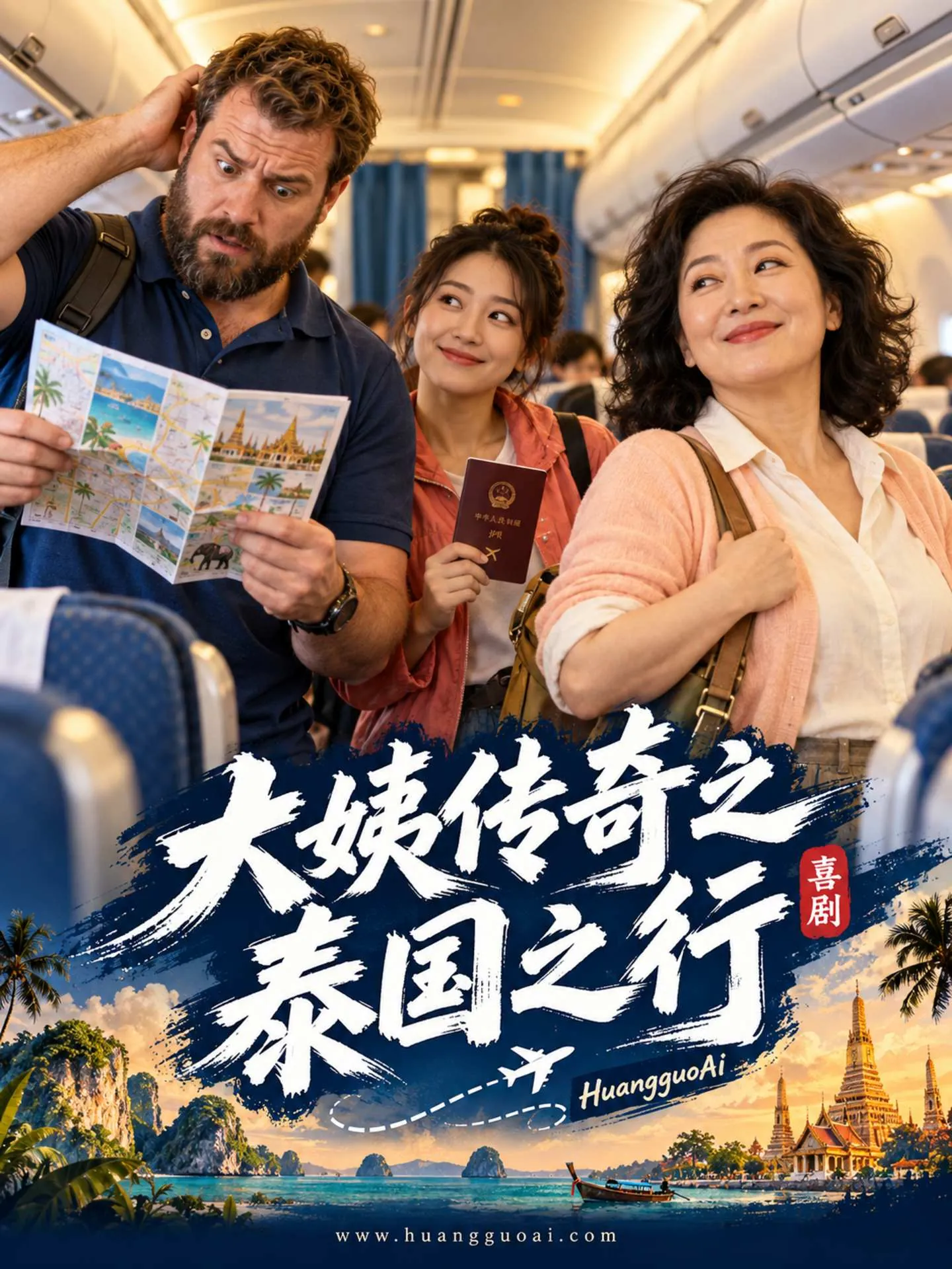 短剧封面：飞机上的三人喜剧场景
